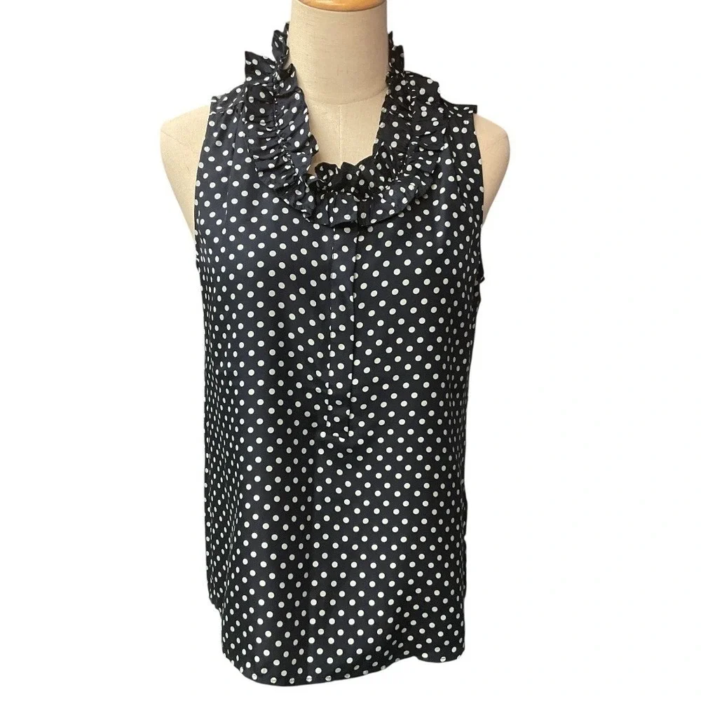 J. Crew Women's Naomi Silk Polka Dot Top Ruffle Neck Sleeveless Blouse Size 4‎